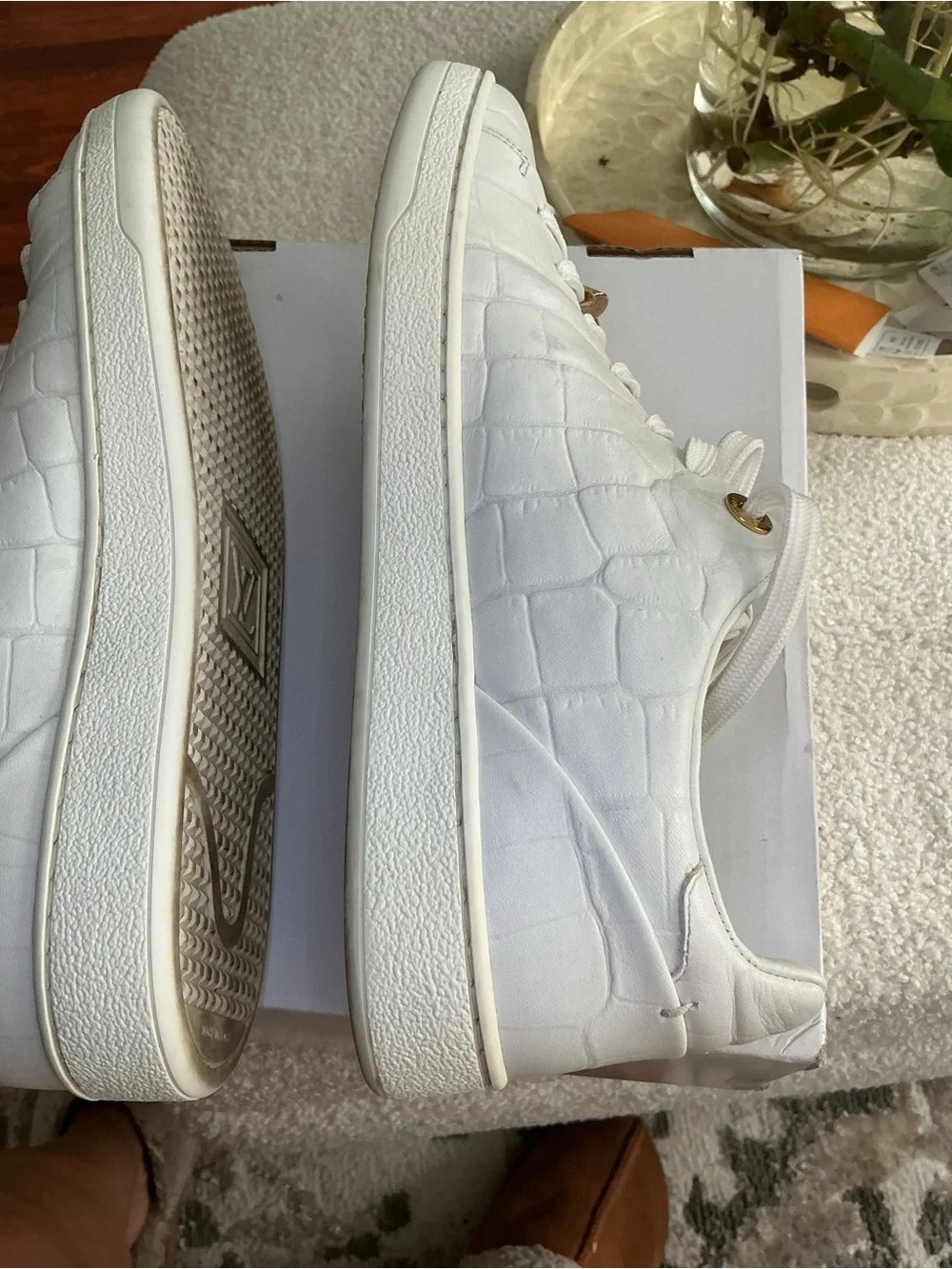 Louis Vuitton White Croc-Embossed Sneakers with Gold V Accents